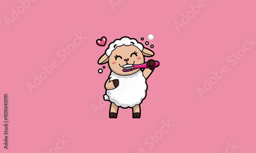 Adorable sheep brushing teeth with a heart on pink background.