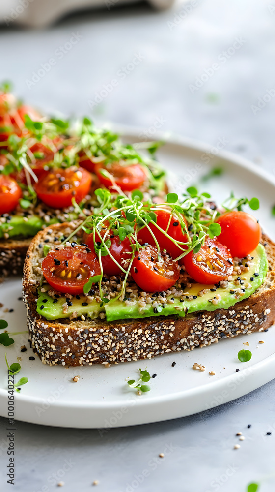 Fresh Vegan Avocado Toast with Tomato and Sprouted Grains Fresh Vegan Avocado Toast with Tomato and Sprouted Grains