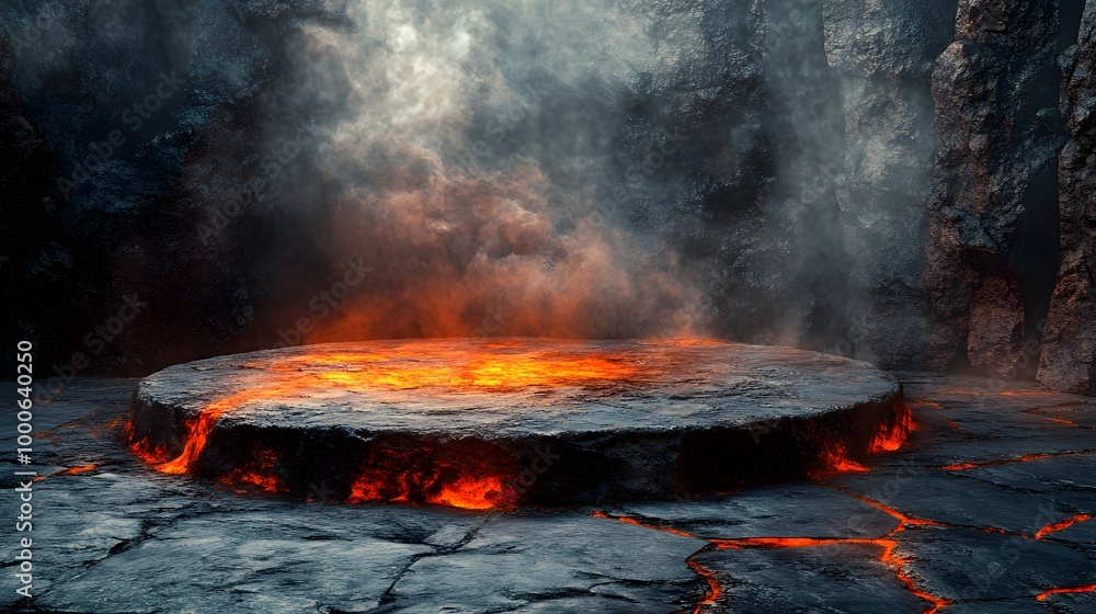 5. An abstract scene featuring a lava podium amidst a volcanic landscape, with fiery textures and smoke, set on a stone floor, ideal for showcasing products in a powerful and visually stunning 5. An abstract scene featuring a lava podium amidst a volcanic landscape, with fiery textures and smoke, set on a stone floor, ideal for showcasing products in a powerful and visually stunning