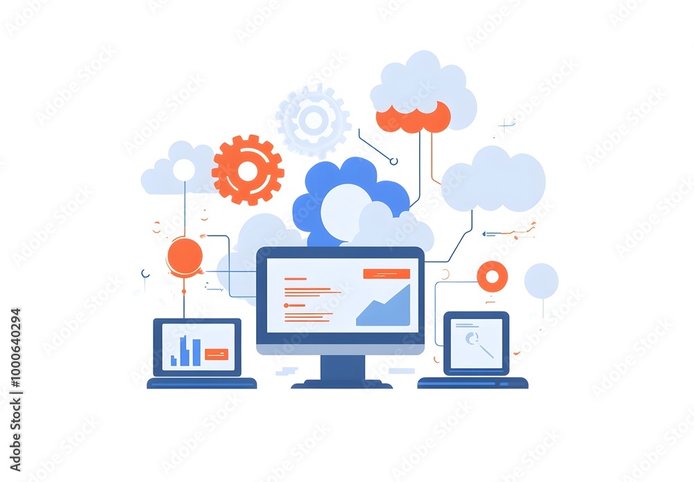 Illustration of an AI software platform with computers, gears, and clouds on a white background. Illustration of an AI software platform with computers, gears, and clouds on a white background.