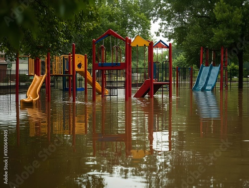 Flooded Playground Amidst Rising Water Levels photo