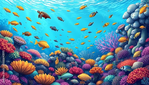 Vibrant Underwater Coral Reef Scene with Marine Life: Nature's Underwater Wonderland. photo