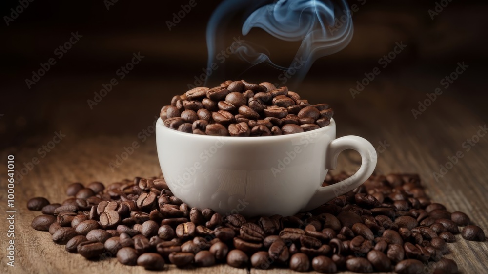 Aromatic coffee beans in a white cup with smoky swirls rising, set on a wooden surface Aromatic coffee beans in a white cup with smoky swirls rising, set on a wooden surface