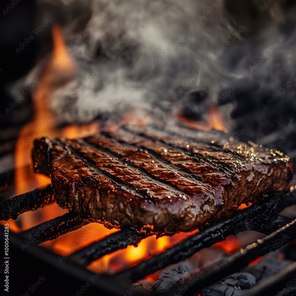 Beef Steak grilled on the stove, on fire, barbecue, The smoke of grilled meat looks delicious, dramatic studio lighting and a shallow depth of field. Beef Steak grilled on the stove, on fire, barbecue, The smoke of grilled meat looks delicious, dramatic studio lighting and a shallow depth of field.