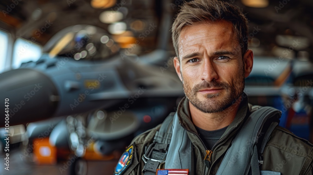 A portrait of an American male fighter pilot standing in front of his lightning jet A portrait of an American male fighter pilot standing in front of his lightning jet