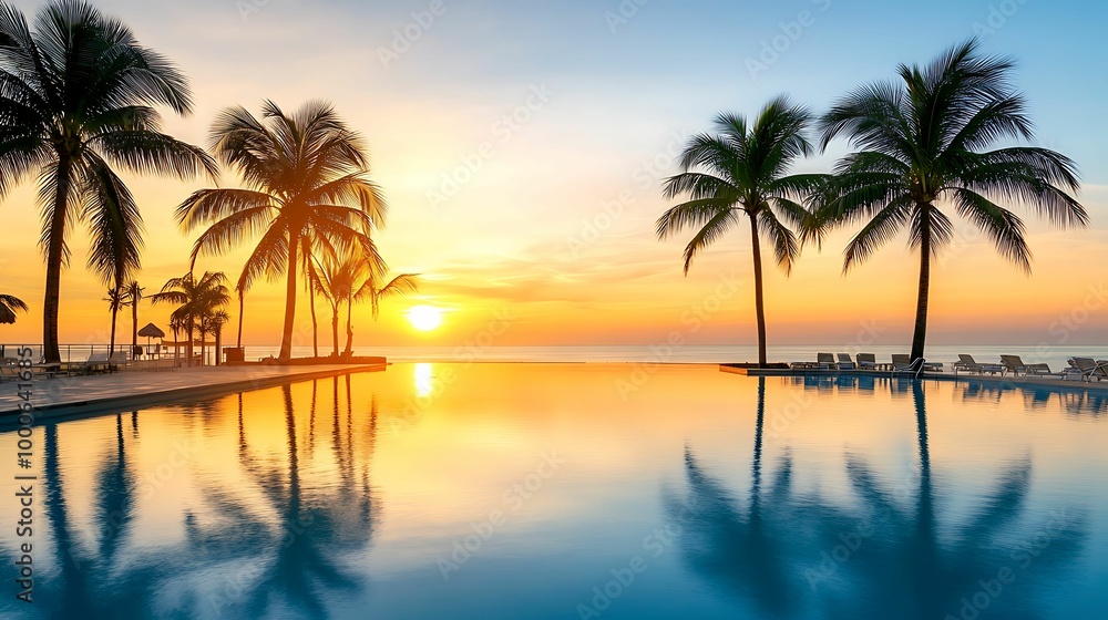 A serene tropical sunset reflecting in an infinity pool, surrounded by palm trees and lounge chairs, creating a peaceful vacation scene. A serene tropical sunset reflecting in an infinity pool, surrounded by palm trees and lounge chairs, creating a peaceful vacation scene.
