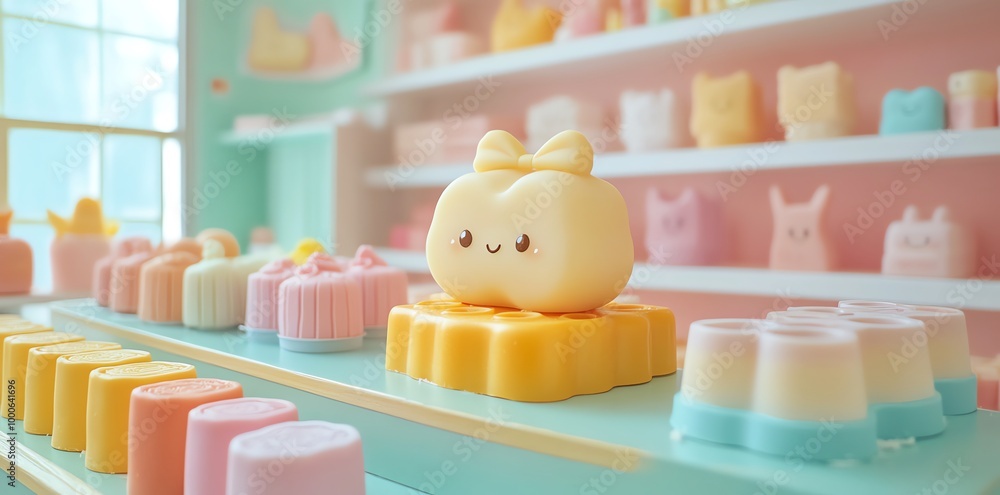 Colorful pastel soaps with cute faces on a shelf in a shop. Colorful pastel soaps with cute faces on a shelf in a shop.