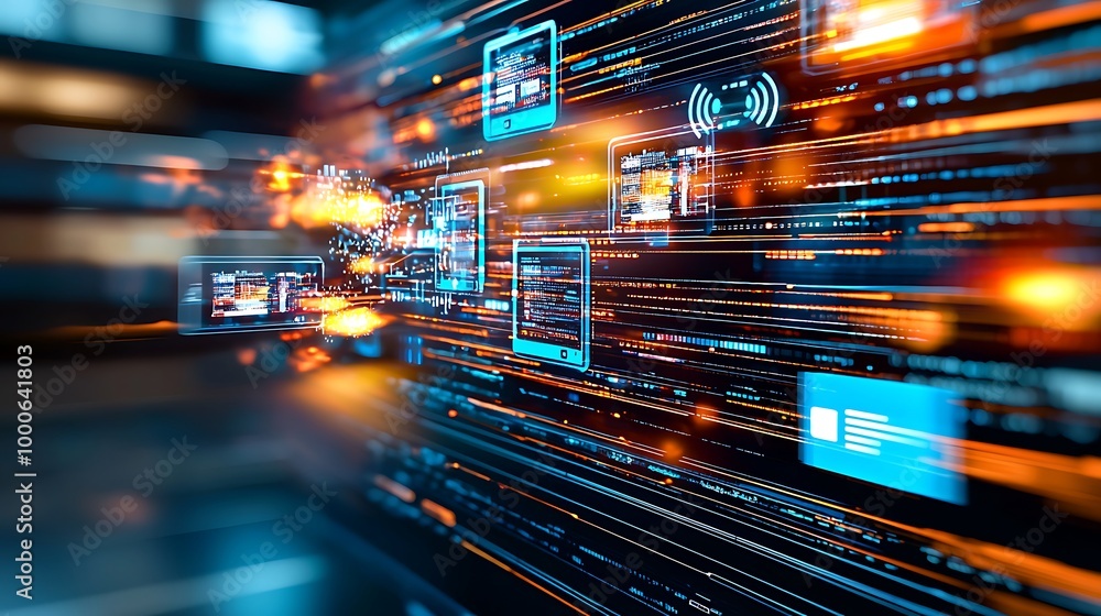 A futuristic digital network glows in blue and orange lights, illuminating data pathways. A futuristic digital network glows in blue and orange lights, illuminating data pathways.