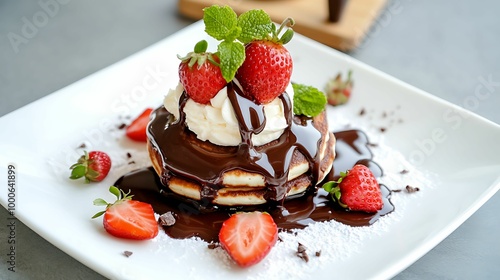 Delicious stack of pancakes topped with whipped cream, fresh strawberries, and a rich chocolate sauce, garnished with mint on a white plate.