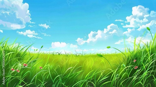 Adorable Cartoon Grassland Background: A Charming and Whimsical Scene. Delight in the Colorful and Fun Atmosphere