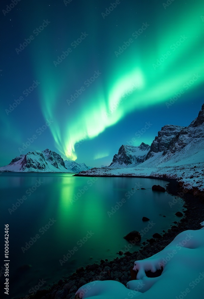 Fototapeta premium Lofoten's Luminous Nights: Awe-Inspiring Aurora Borealis Illuminates Norway's Coastal Wonder - Master the Art of Northern Lights Exploration