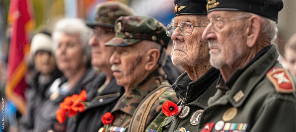 Military Veterans Standing in Remembrance Day Parade Wearing Medals and Poppies for Annual Tribute Military Veterans Standing in Remembrance Day Parade Wearing Medals and Poppies for Annual Tribute