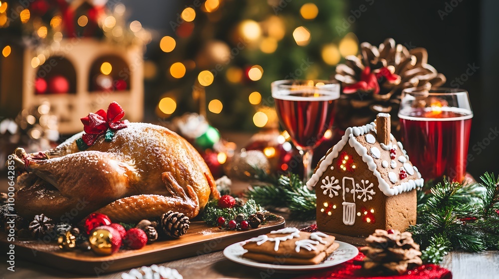 Traditional Christmas dinner table with roasted turkey, gingerbread house, and mulled wine, surrounded by festive decorations. The warm and cozy holiday scene captures the essence Traditional Christmas dinner table with roasted turkey, gingerbread house, and mulled wine, surrounded by festive decorations. The warm and cozy holiday scene captures the essence