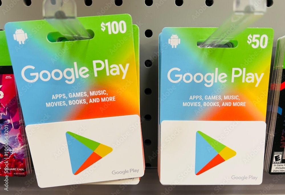 Google Play store gift cards on a rack. Stock Photo | Adobe Stock