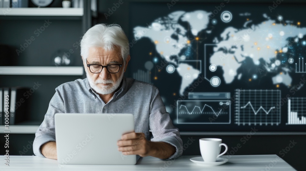 Senior Businessman Analyzing Global Trends on Laptop in Modern Office Senior Businessman Analyzing Global Trends on Laptop in Modern Office