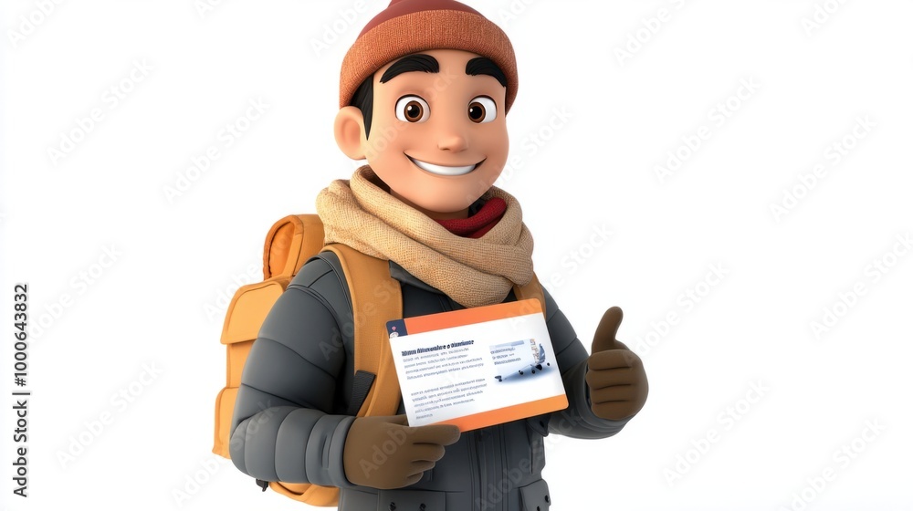 Cartoon air crew member with a scarf and hat, holding a safety instruction card and smiling brightly, isolated on a clean white background. Cartoon air crew member with a scarf and hat, holding a safety instruction card and smiling brightly, isolated on a clean white background.