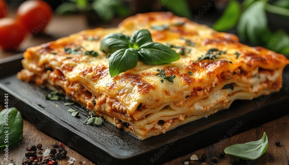 Baked lasagna with melted cheese and fresh basil in a black tray Baked lasagna with melted cheese and fresh basil in a black tray