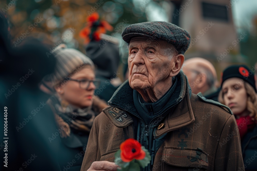 Veteran Reflecting Emotionally at Remembrance Day Service, Holding Poppy, in Memorial Event Veteran Reflecting Emotionally at Remembrance Day Service, Holding Poppy, in Memorial Event