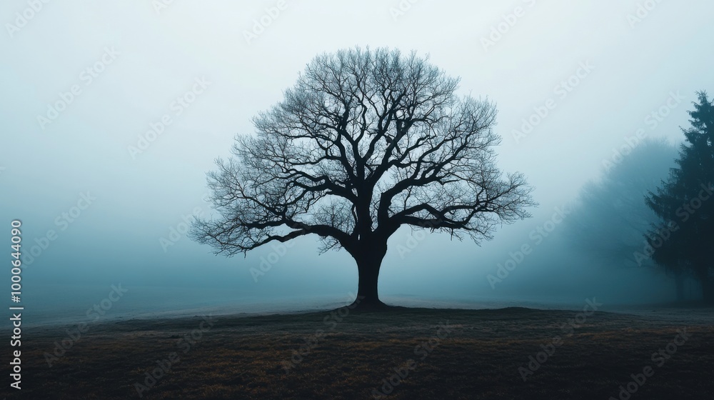 Mysterious Tree in Foggy Landscape Mysterious Tree in Foggy Landscape