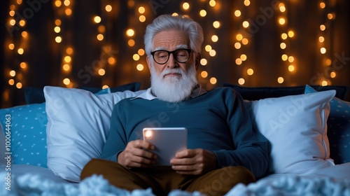 Senior Man Relaxing with Tablet on Cozy Evening with Twinkling Lights photo