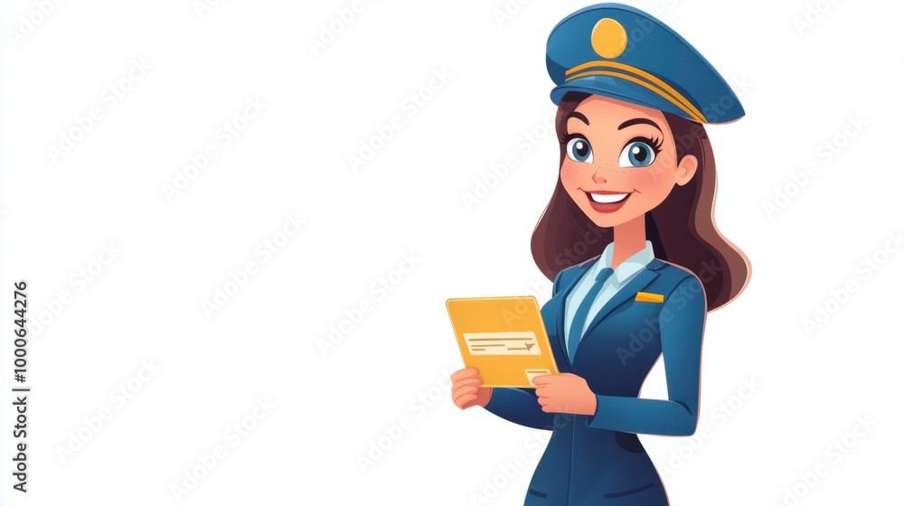 Cartoon flight attendant with a captain's hat, holding a boarding pass, smiling happily, isolated on a white background. Cartoon flight attendant with a captain's hat, holding a boarding pass, smiling happily, isolated on a white background.