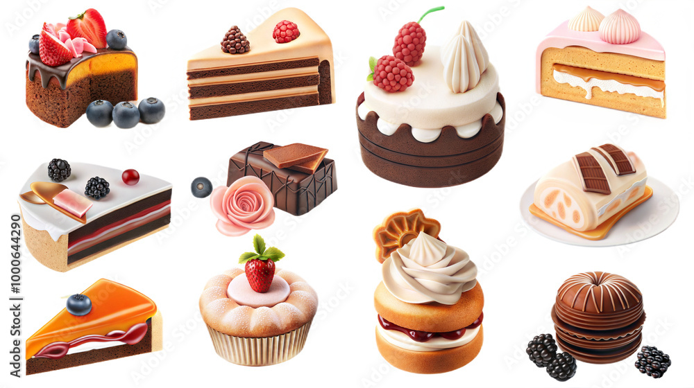 Exquisite cake and dessert assortment with chocolate and fruit toppings in a detailed on a transparent Background Exquisite cake and dessert assortment with chocolate and fruit toppings in a detailed on a transparent Background