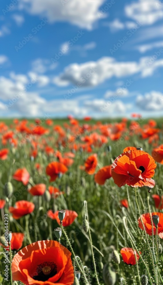 Peaceful Poppy Field in Full Bloom Under a Bright Blue Sky with Fluffy White Clouds - Nature Stock Photo Peaceful Poppy Field in Full Bloom Under a Bright Blue Sky with Fluffy White Clouds - Nature Stock Photo