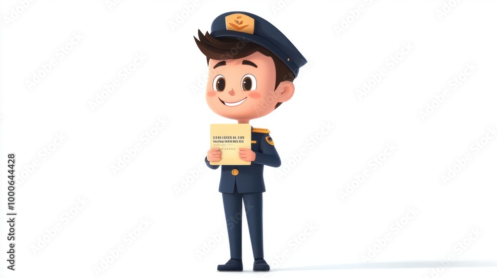 Cute air crew cartoon character holding a boarding pass and standing confidently, isolated on a clean white background. Cute air crew cartoon character holding a boarding pass and standing confidently, isolated on a clean white background.