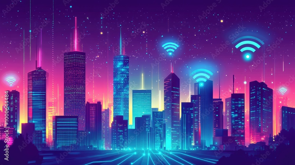 A vibrant cityscape with neon lights, skyscrapers, and Wi-Fi signals flowing between buildings, representing seamless business networking in an urban environment A vibrant cityscape with neon lights, skyscrapers, and Wi-Fi signals flowing between buildings, representing seamless business networking in an urban environment