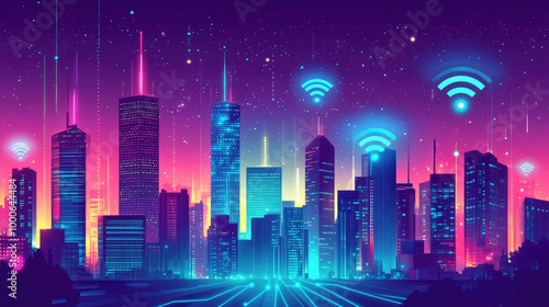 A vibrant cityscape with neon lights, skyscrapers, and Wi-Fi signals flowing between buildings, representing seamless business networking in an urban environment