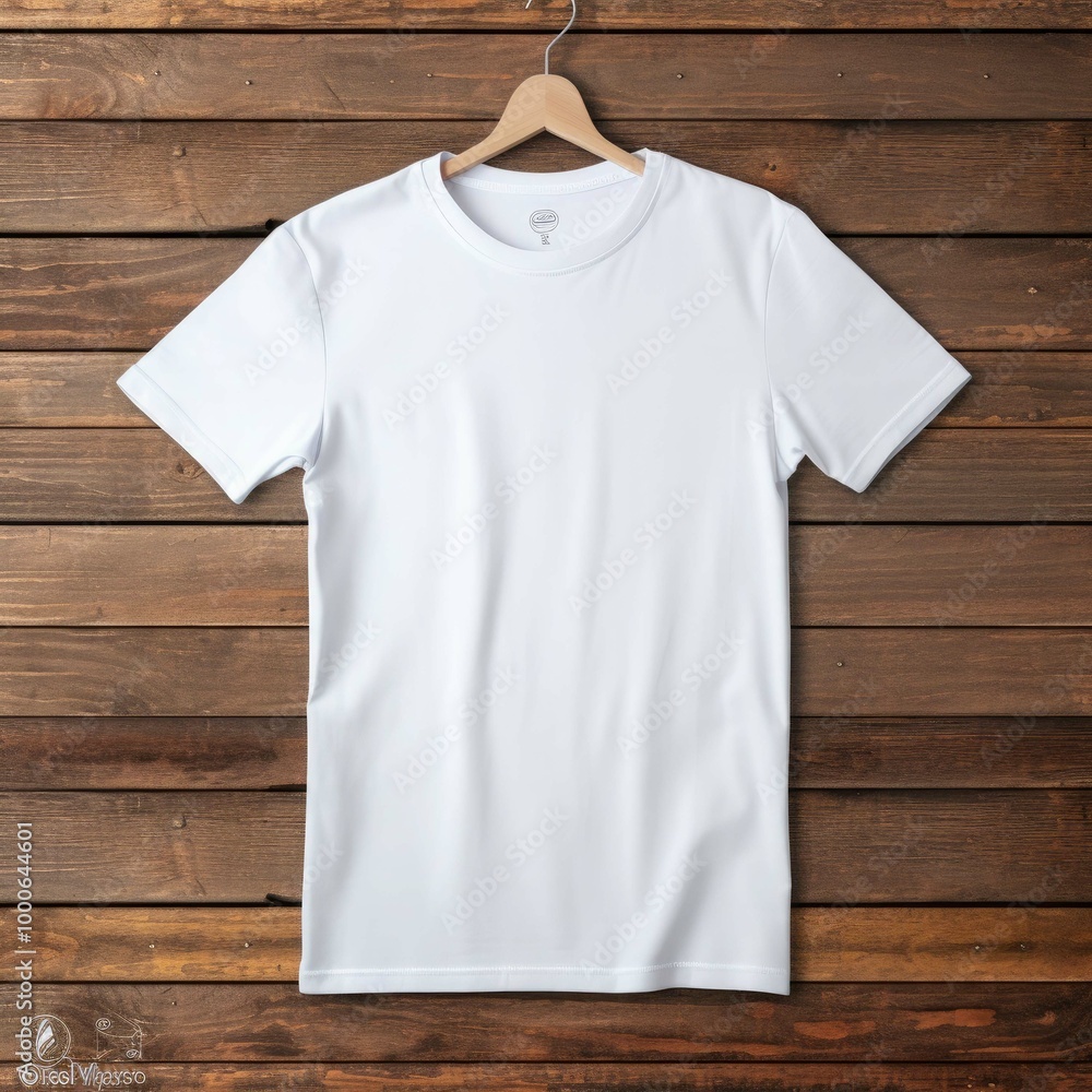 A white t - shirt with a white t - shirt hanging on a wooden wall. A white t - shirt with a white t - shirt hanging on a wooden wall.