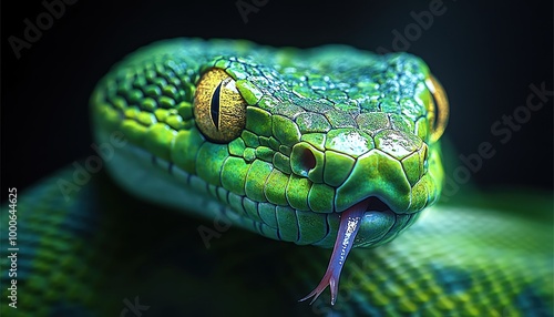 Vibrant green snake with its tongue out against a dark background