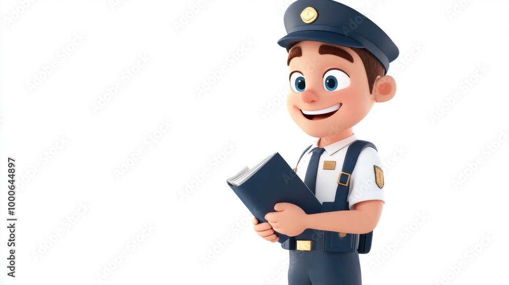 Cute air crew cartoon character in uniform holding a safety manual and smiling, isolated on white background. Cute air crew cartoon character in uniform holding a safety manual and smiling, isolated on white background.