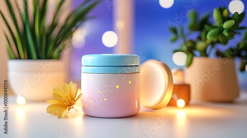 A pink and blue starry wax melter sits beside flowers and lights, glowing in a whimsical setting. photo