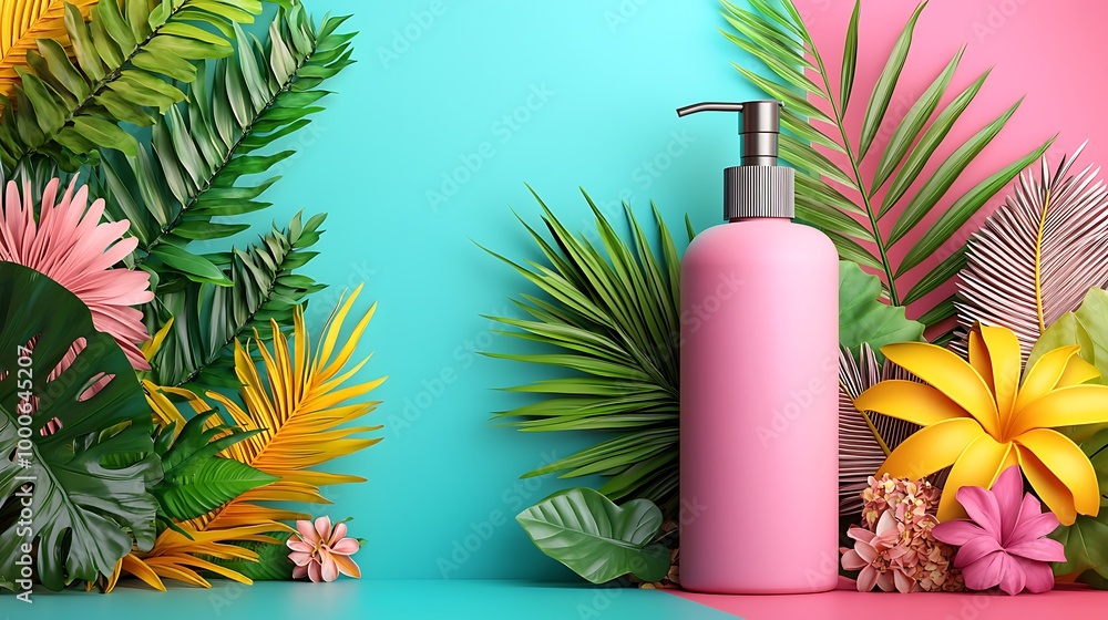 A pink bottle mockup is surrounded by tropical leaves and flowers, set against a vibrant turquoise and pink background. A pink bottle mockup is surrounded by tropical leaves and flowers, set against a vibrant turquoise and pink background.