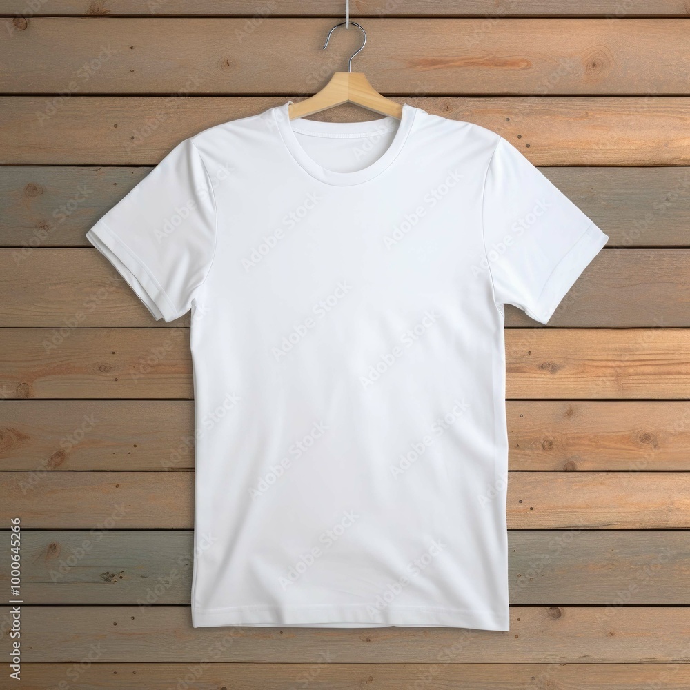 A white t - shirt with a white t - shirt hanging on a wooden wall. A white t - shirt with a white t - shirt hanging on a wooden wall.