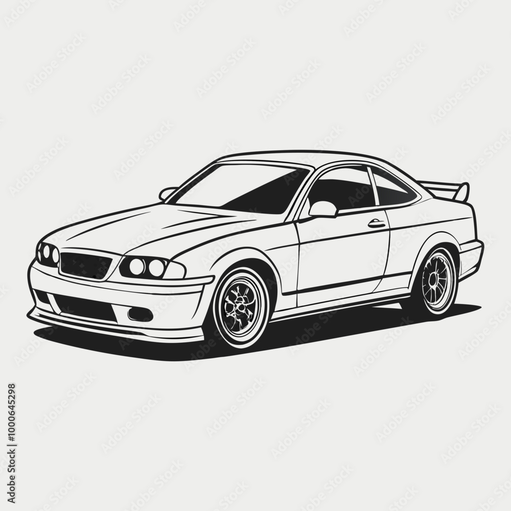 Obraz premium A clean, minimalist line-drawing of a sports sedan, capturing the car from a three-quarter front angle. Sport car front view side vector illustration