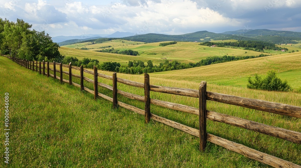 A tranquil landscape featuring rolling hills, lush green grass, and a rustic wooden fence under an expansive sky. A tranquil landscape featuring rolling hills, lush green grass, and a rustic wooden fence under an expansive sky.