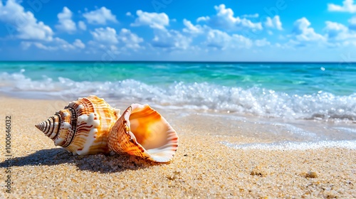 A seashell rests on a sandy shore, with waves rolling in beneath a bright blue sky.