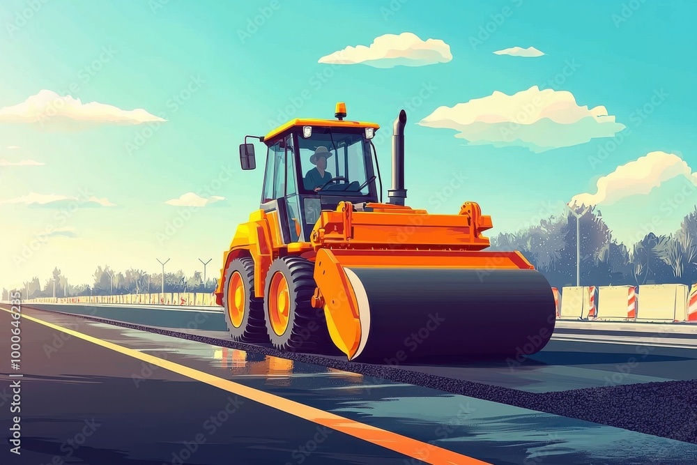 A vibrant illustration of a steamroller working on a road construction site under a bright blue sky. A vibrant illustration of a steamroller working on a road construction site under a bright blue sky.