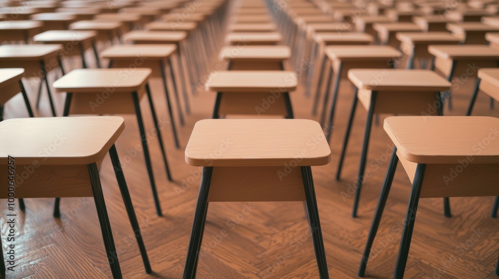 Fototapeta premium A perspective view of empty classroom desks arranged in neat rows, showcasing a tranquil and organized learning environment.