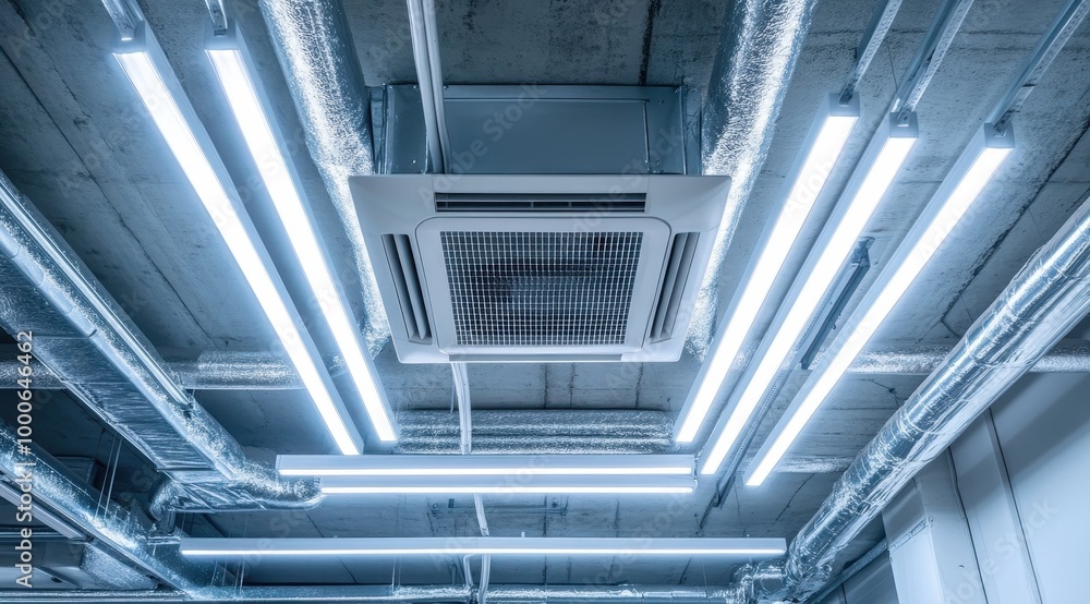 Obraz premium A high-angle shot of an air conditioner and pipes in the ceiling, a modern interior design with white neon light tubes, in a commercial building interior. 