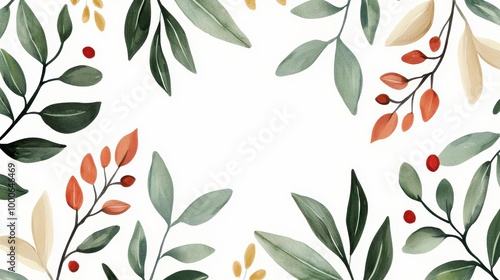 A beautifully arranged watercolor illustration of leaves and berries in vibrant colors, creating a natural frame on a white background, perfect for various design projects.