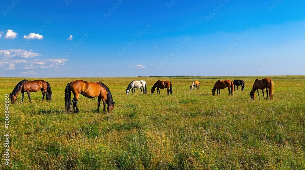 Fototapeta premium Herd of horses grazing peacefully in a vast green field under a clear blue sky, showcasing the beauty of nature.