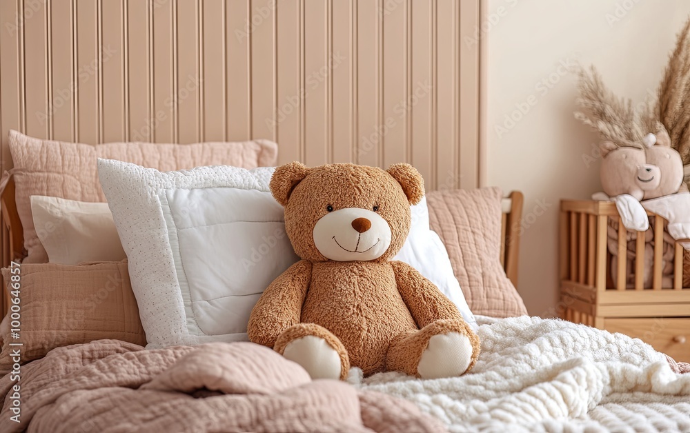 A cozy bedroom scene featuring a large teddy bear on a bed with soft pillows and warm-toned bedding. A cozy bedroom scene featuring a large teddy bear on a bed with soft pillows and warm-toned bedding.