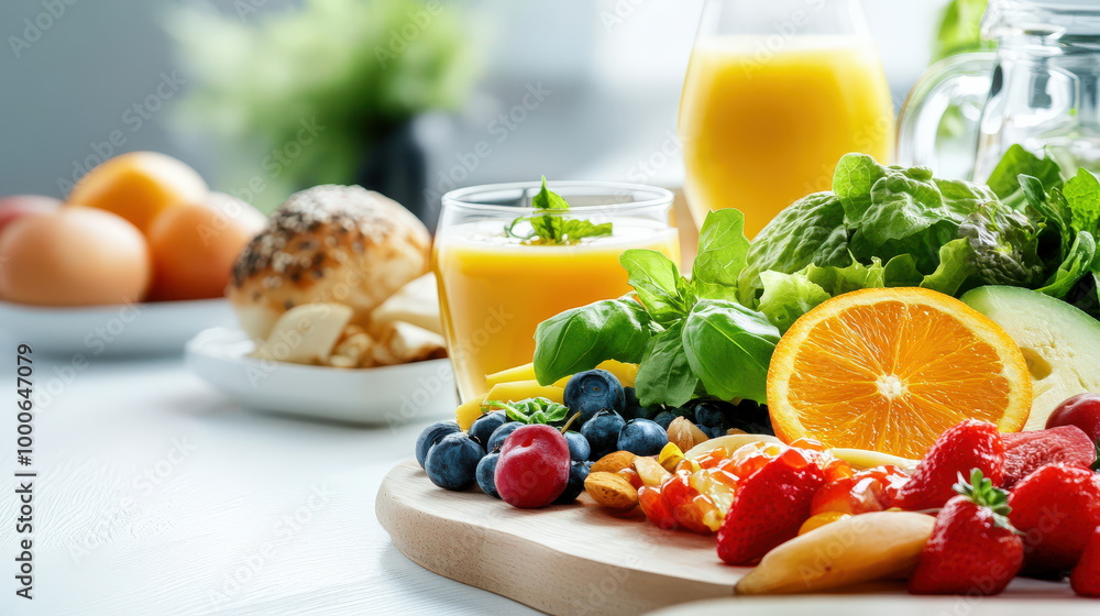 Fresh Fruit Salad with Orange Juice and Nuts on Wooden Board Fresh Fruit Salad with Orange Juice and Nuts on Wooden Board