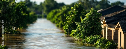 A serene view of a flooded residential area, showcasing rising water levels alongside houses and lush greenery. photo