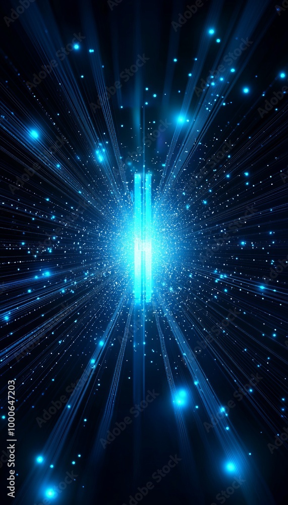 Fototapeta premium A vibrant blue light burst radiating in all directions, creating a sense of depth and dynamism in a cosmic atmosphere.