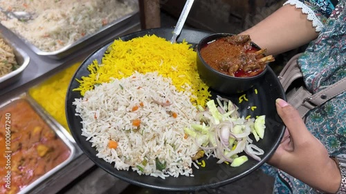 A famous Bengali dish called Basanti pulao with mutton kosha in a road side stall in Kolkata, India.