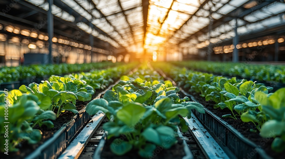 Green leaves thrive in a greenhouse, sunlight streaming through the roof and bringing life to the plants. Green leaves thrive in a greenhouse, sunlight streaming through the roof and bringing life to the plants.